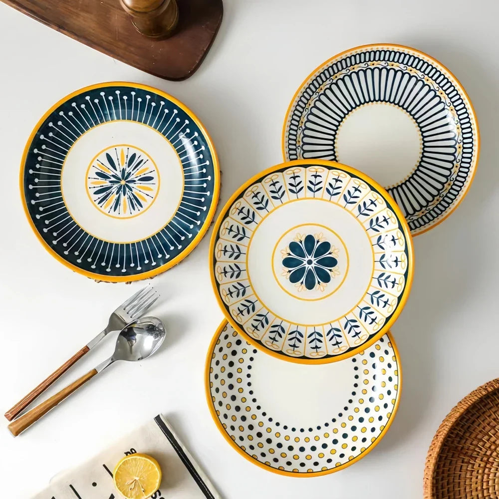 Elegant Handmålad Tallrik Set - Set Om 4 Porslin I Marinblått Med Gulddetaljer 3