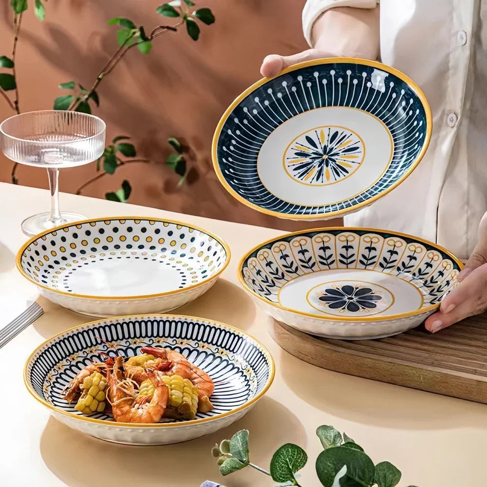 Elegant Handmålad Tallrik Set - Set Om 4 Porslin I Marinblått Med Gulddetaljer 6