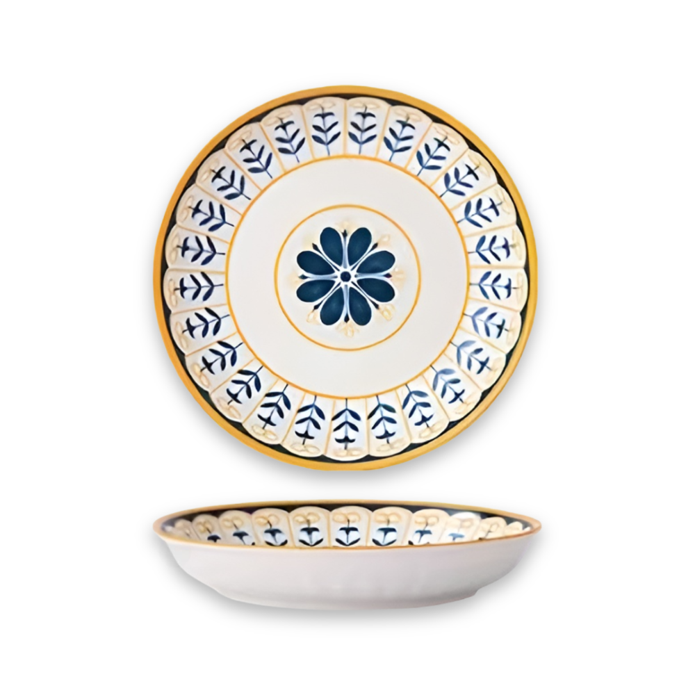 Elegant Handmålad Tallrik Set - Set Om 4 Porslin I Marinblått Med Gulddetaljer 9