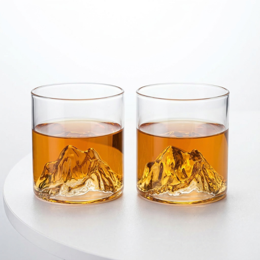 Elegant whiskyglas med 3D-bergsdesign - set om 2 - Högkvalitativt dricksglas för finsmakare 2