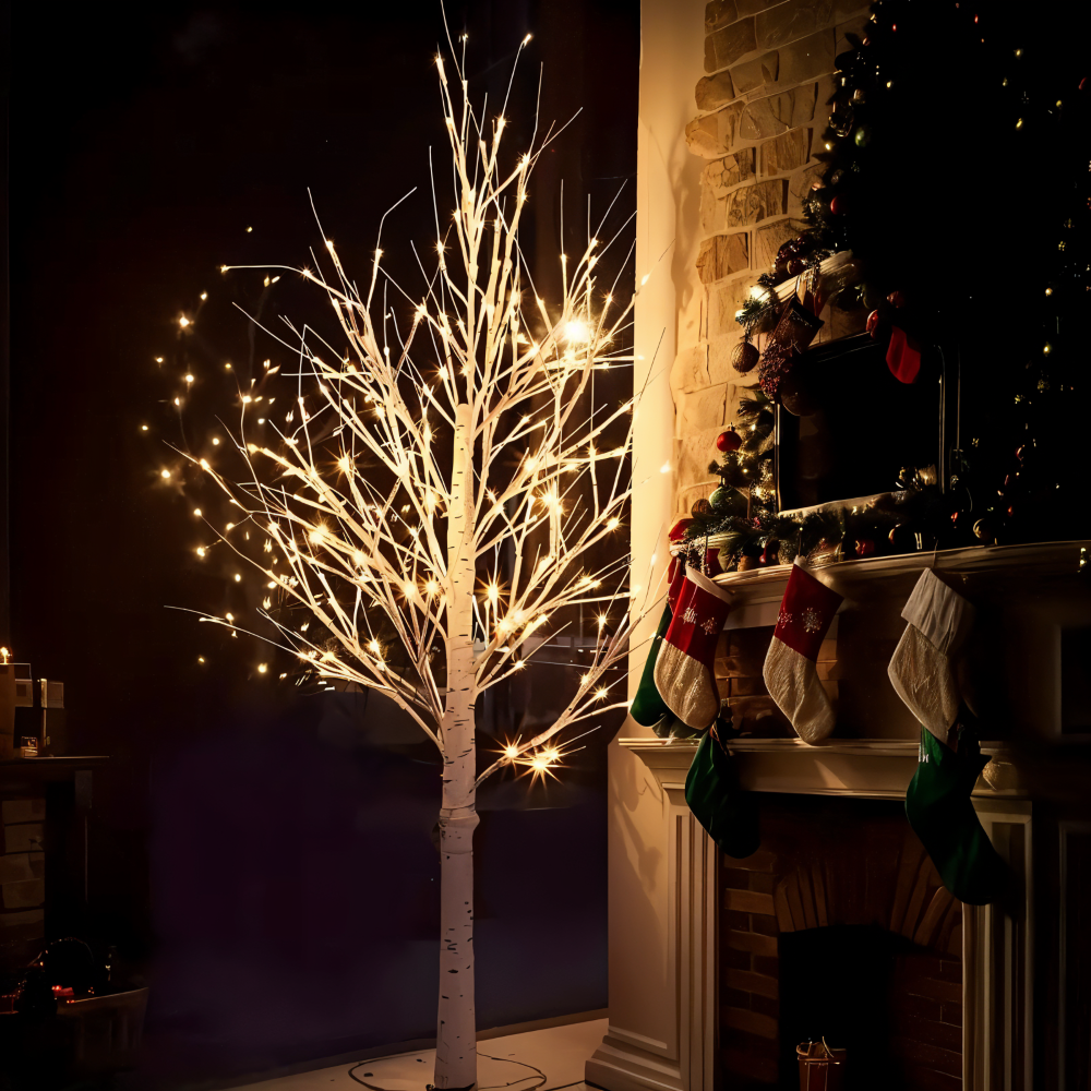 Faux Julgran - 132 LED Belyst Björkträd - USB Drivna Golvlampa