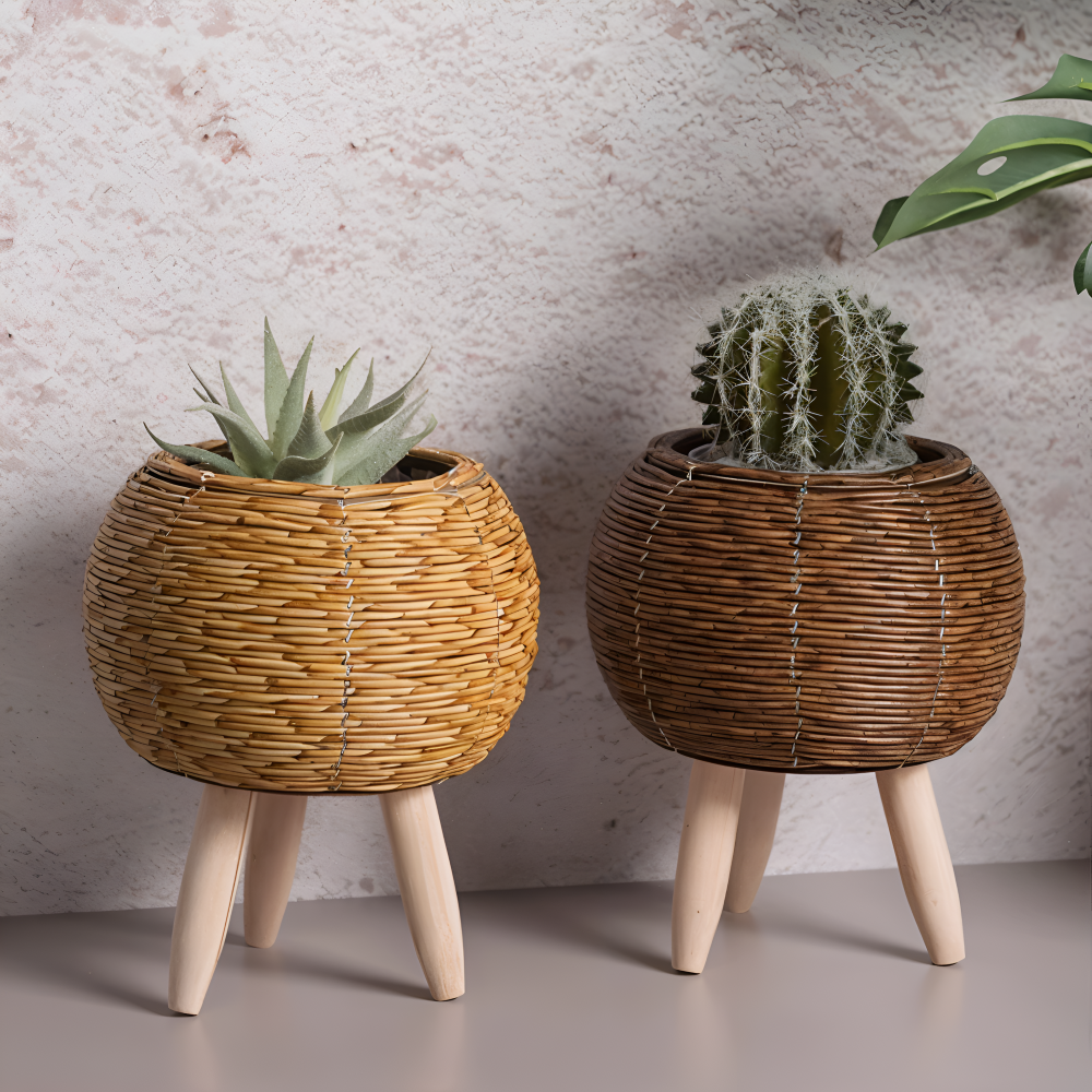 FauxWicker Kruka - Artisan Rustik Rattan Pflanzkübel - Dekorativ Blomkorg