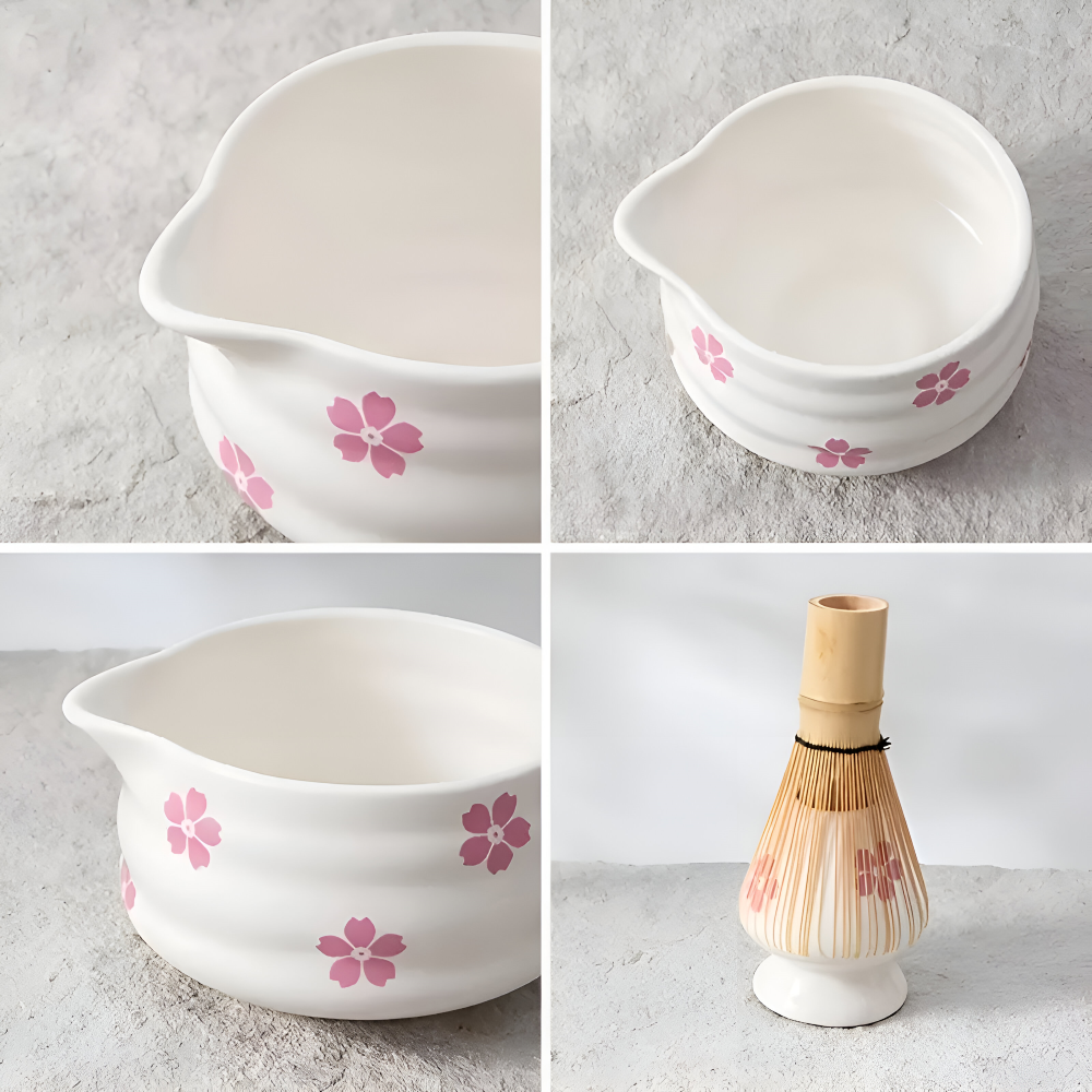 Floral Matcha Set Vit (5-delat) med Hällskål, Chasen Bambusvisp & Hållare – Keramisk Tezeremonisett