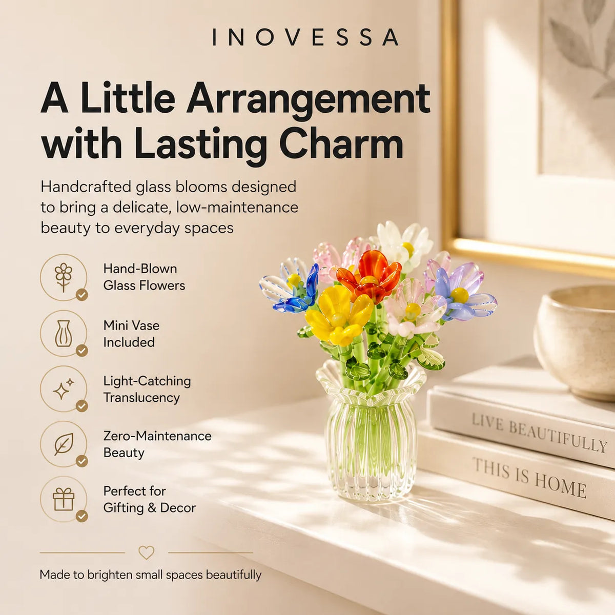 Underhållsfritt blomsterarrangemang i glasvas