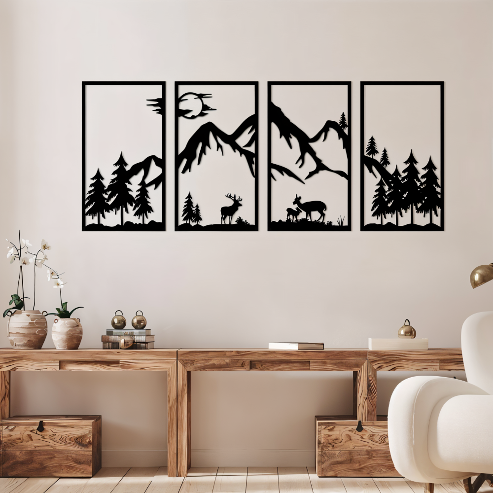 ForestPeaks Väggdekoration - 4 Stycken Svart Metallväggkonst - Abstrakt Bergkonst