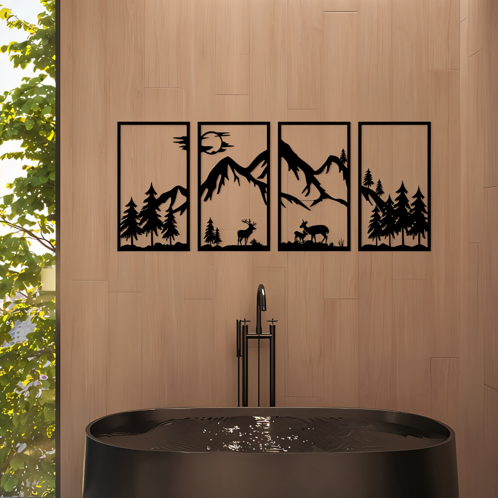 ForestPeaks Väggdekoration - 4 Stycken Svart Metallväggkonst - Abstrakt Bergkonst