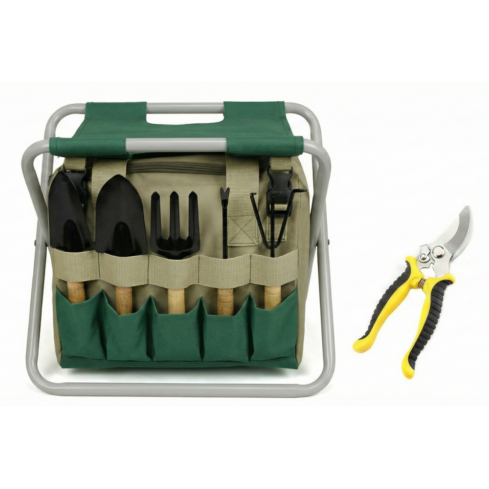 Gårdsverktygsset, 6 delar, med hopfällbar pall och bärväska – trädgårdsmöbler med handverktyg