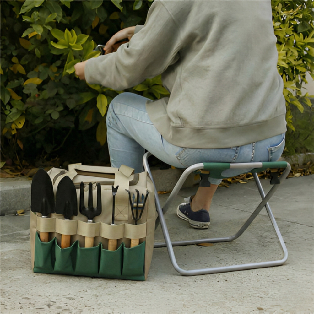 Gårdsverktygsset, 6 delar, med hopfällbar pall och bärväska – trädgårdsmöbler med handverktyg