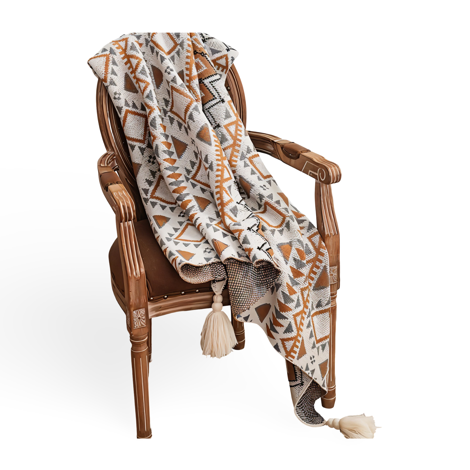 GeoFringe Plaid - Geometrisk Boho Fleecefilt - Dekorativ Stickad Pläd