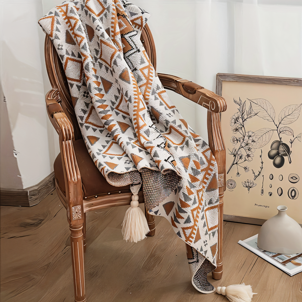 GeoFringe Plaid - Geometrisk Boho Fleecefilt - Dekorativ Stickad Pläd