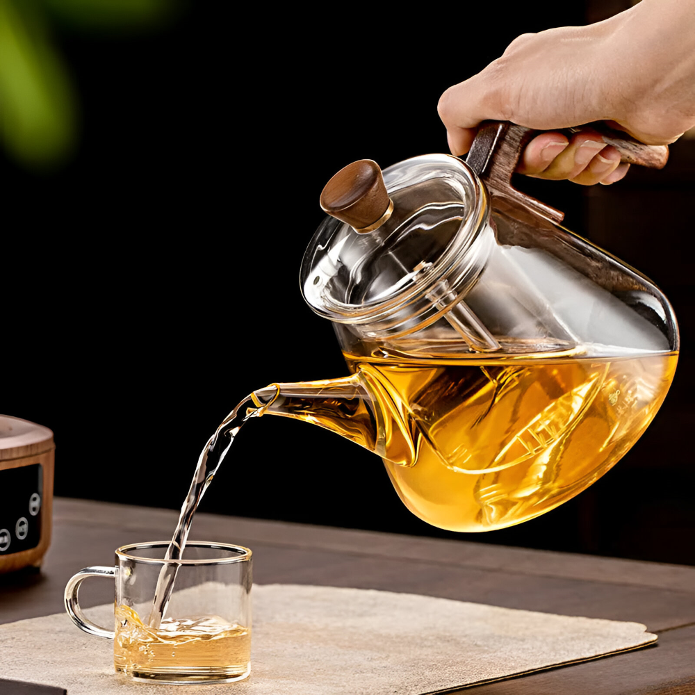 Glas Tekanna 900ml med sil - Borosilikatglas Teebryggare med Trähandtag och Lock