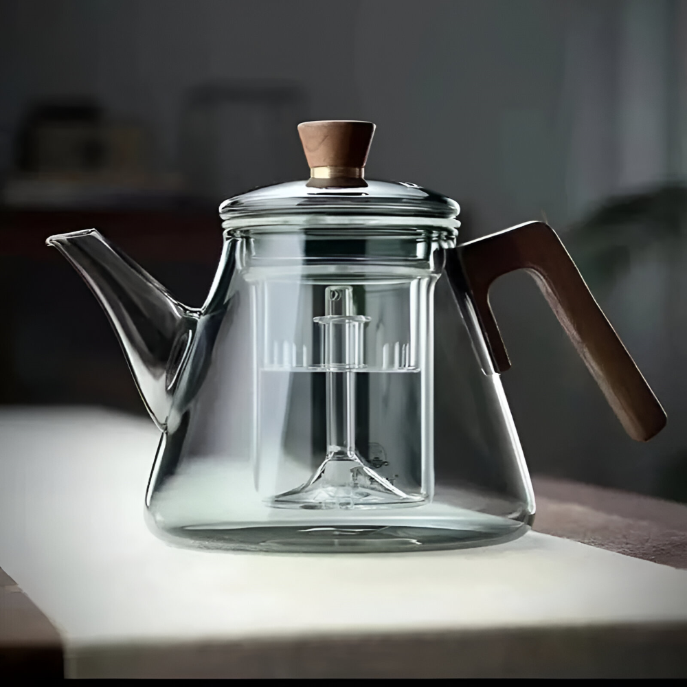 Glas Tekanna 900ml med sil - Borosilikatglas Teebryggare med Trähandtag och Lock