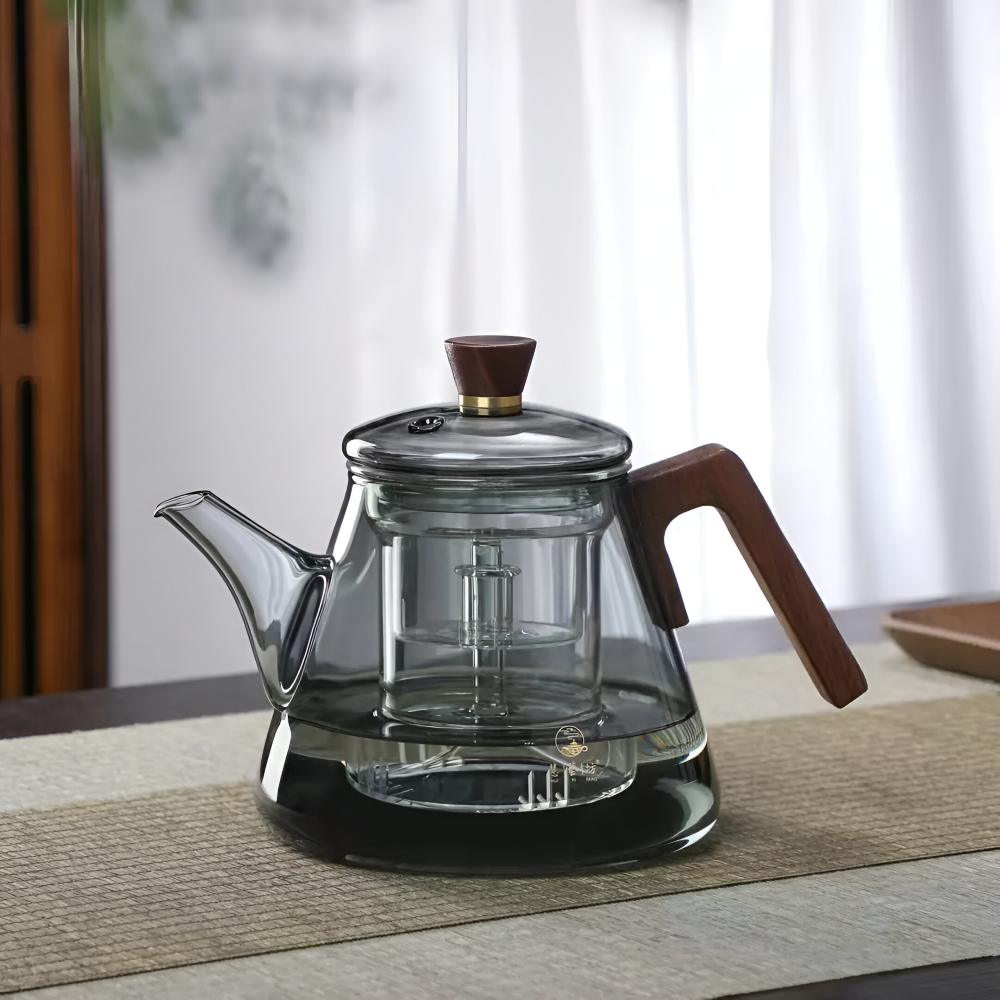 Glas Tekanna 900ml med sil - Borosilikatglas Teebryggare med Trähandtag och Lock