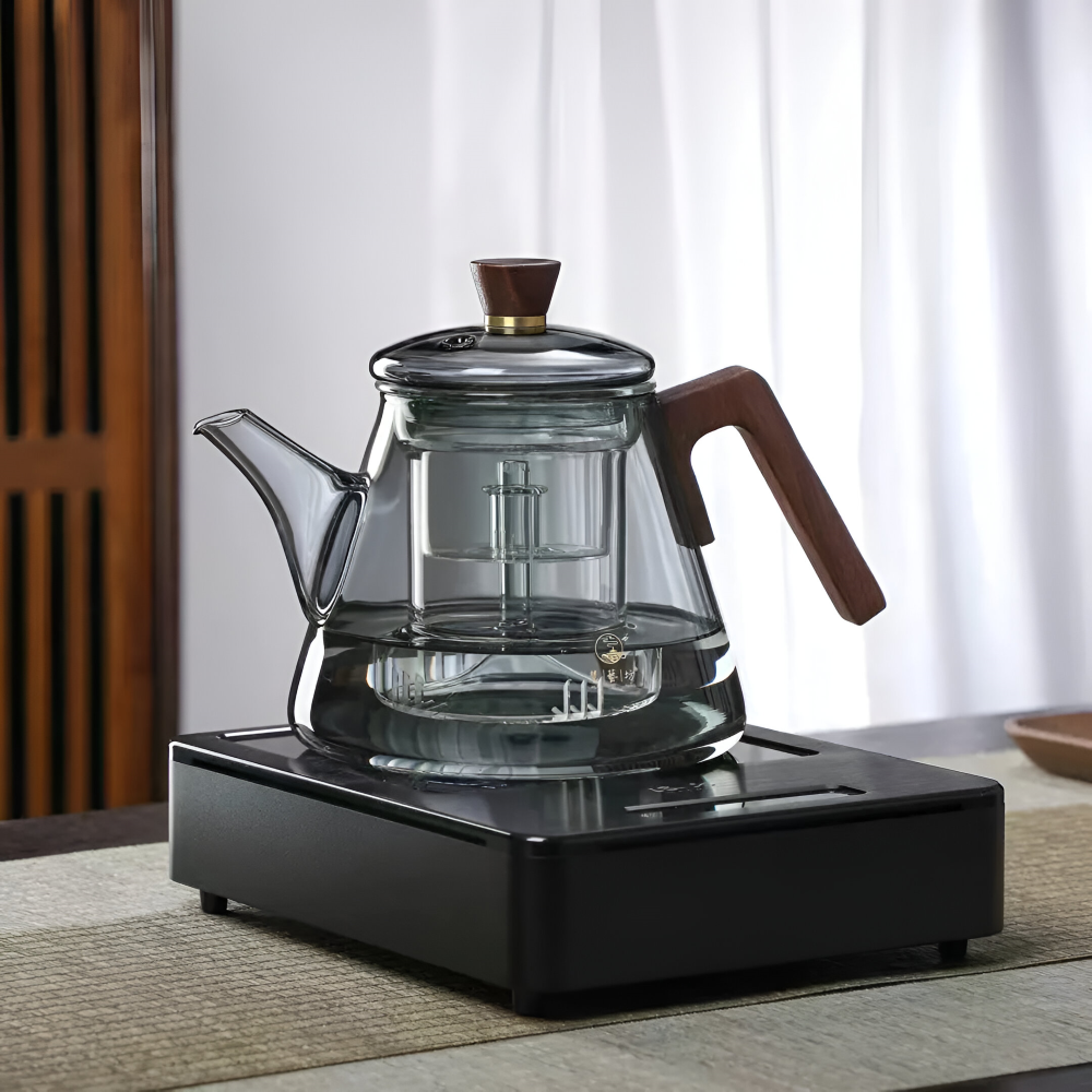 Glas Tekanna 900ml med sil - Borosilikatglas Teebryggare med Trähandtag och Lock