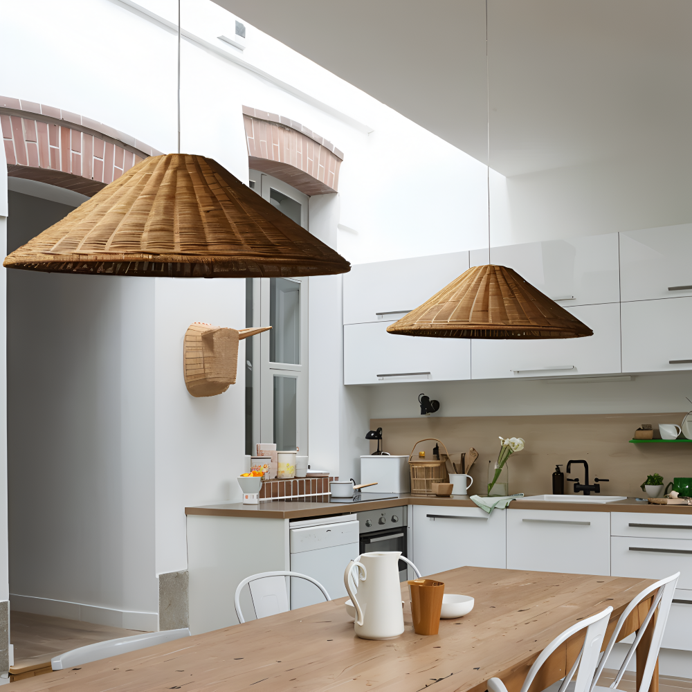 HatWicker Pendellampa - Hänglampa i brun-beige kon-rattan – nedåtriktat ljus