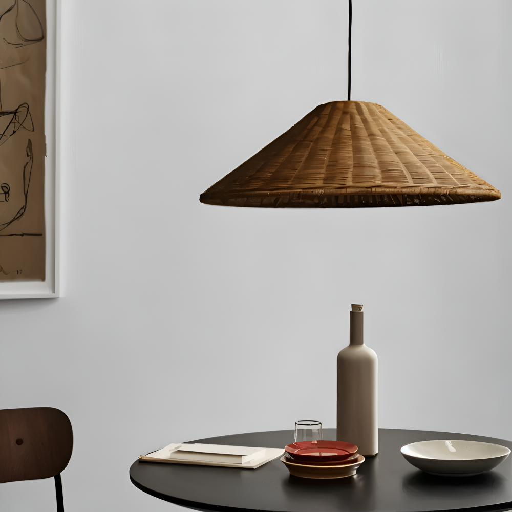HatWicker Pendellampa - Hänglampa i brun-beige kon-rattan – nedåtriktat ljus