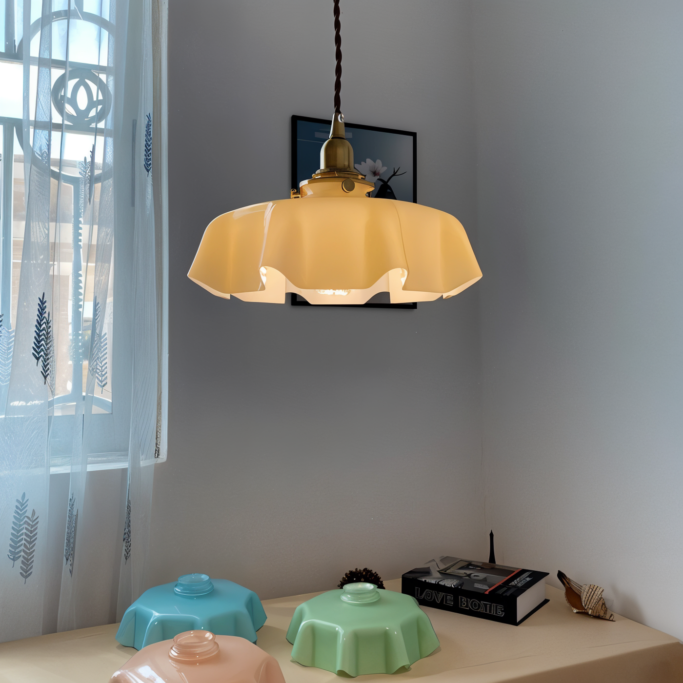 RetroTint Pendellampa - Blomformad Creme Glaslampkåpa LED Hänglampa