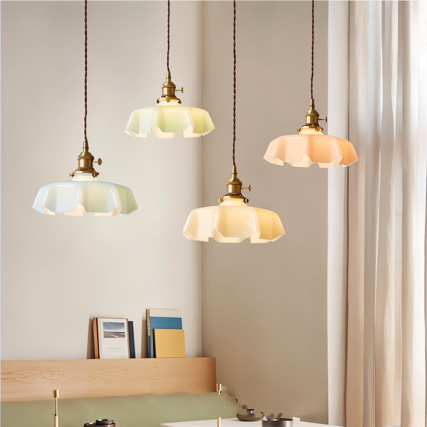 RetroTint Pendellampa - Blomformad Creme Glaslampkåpa LED Hänglampa