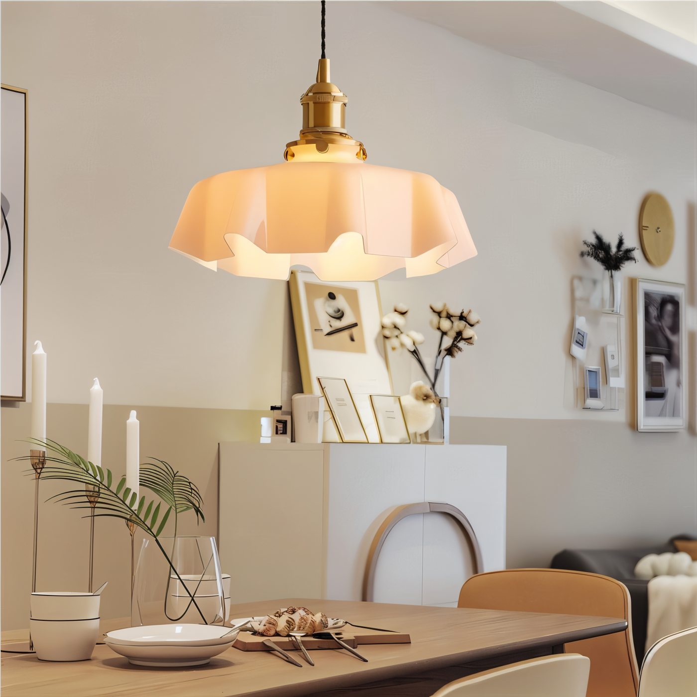 RetroTint Pendellampa - Blomformad Creme Glaslampkåpa LED Hänglampa