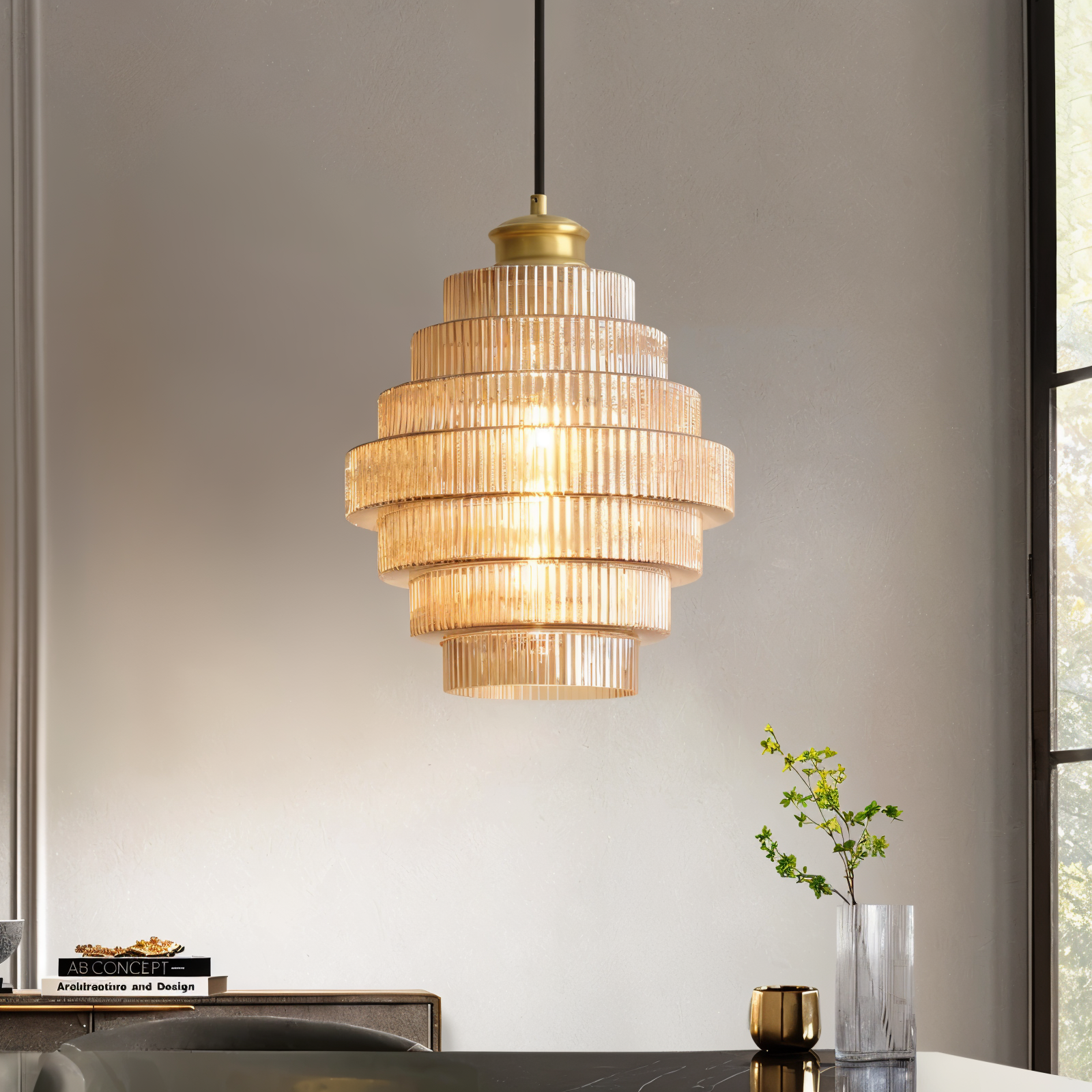 Stunlier Pendellampa - Retro Glas och Messing Hänglampa - Lagerkronlampa för Vardagsrum