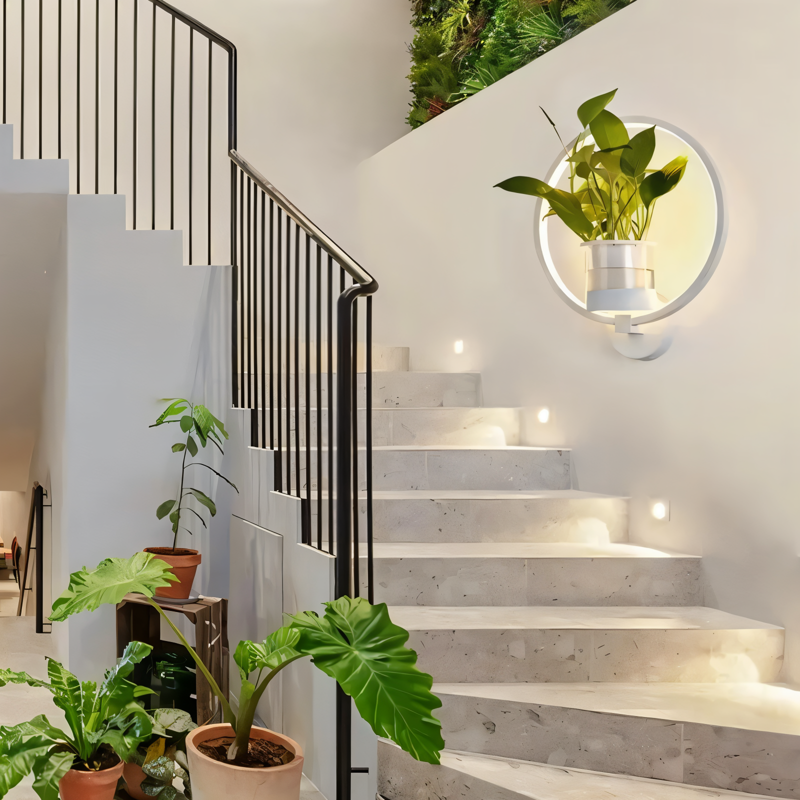 Väggmonterad lampa i järn med plats för växt och mjukt ljus