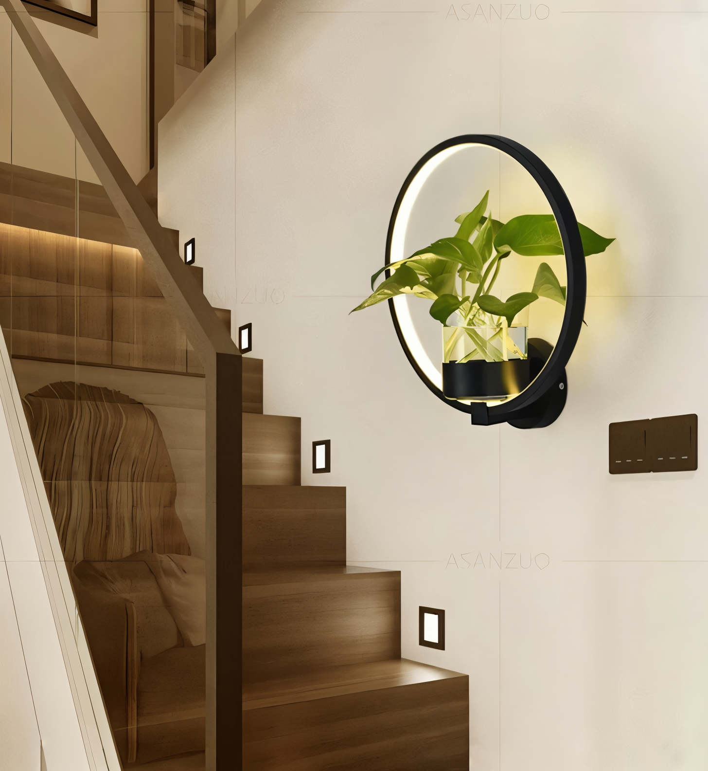 Modern vägglampa med LED-belysning och blomkruka i svart järn