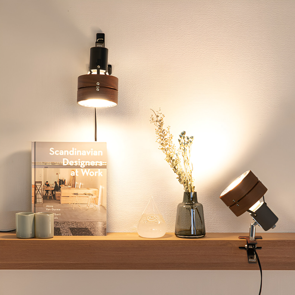 Japanskinspirerad Justerbar Klämma Skrivbordslampa - Rund Trä- och Järn Bordslampa med Akrylskärm