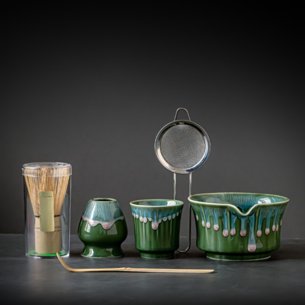 Japanskt Matcha Te Set - 6-delat - Keramisk Matcha Skål, Bambusvisp, Sikt & Sked - Presentset