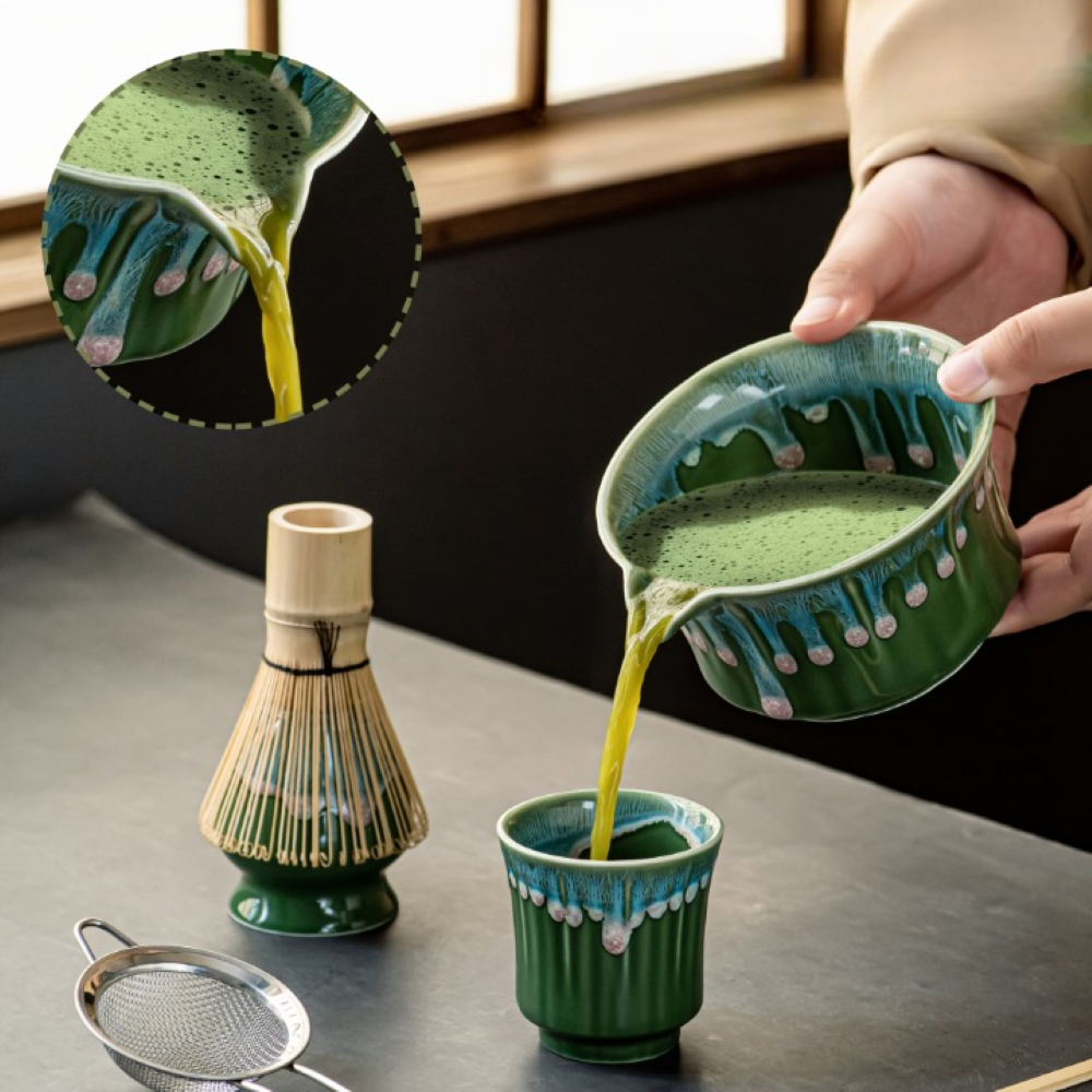 Japanskt Matcha Te Set - 6-delat - Keramisk Matcha Skål, Bambusvisp, Sikt & Sked - Presentset