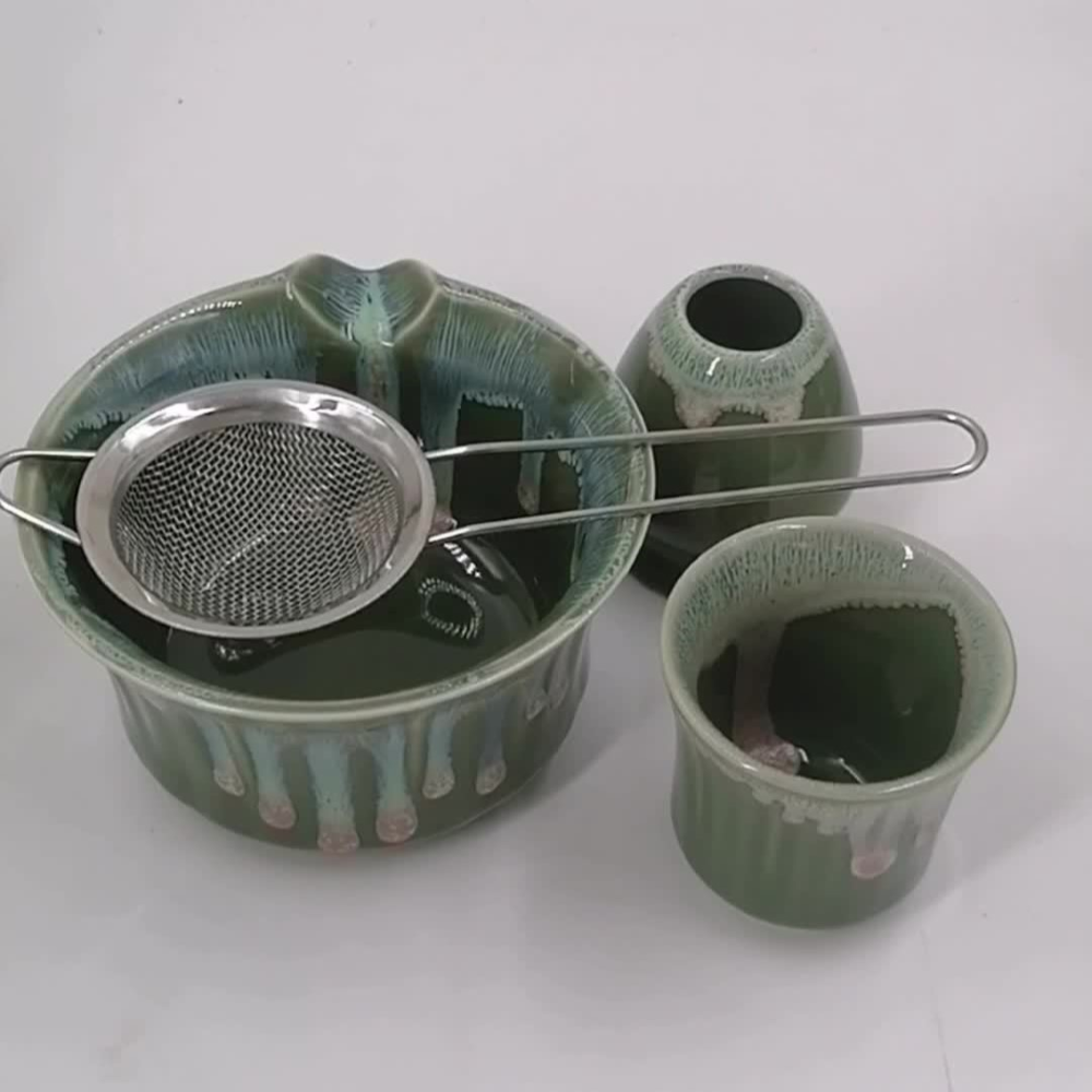 Japanskt Matcha Te Set - 6-delat - Keramisk Matcha Skål, Bambusvisp, Sikt & Sked - Presentset