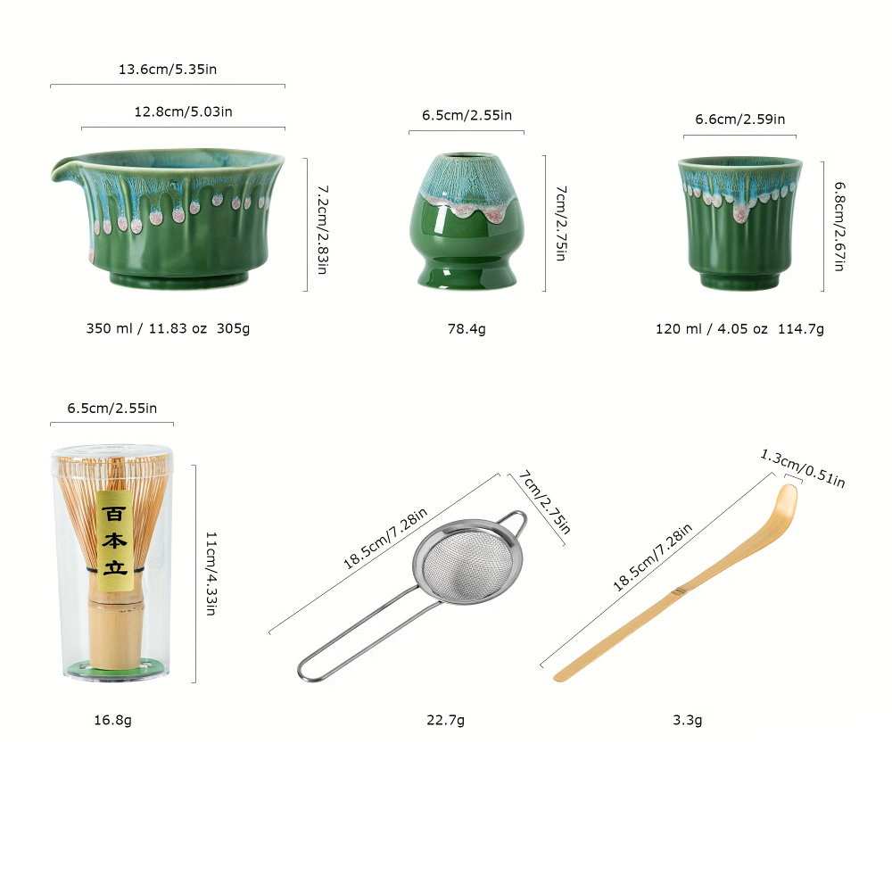 Japanskt Matcha Te Set - 6-delat - Keramisk Matcha Skål, Bambusvisp, Sikt & Sked - Presentset