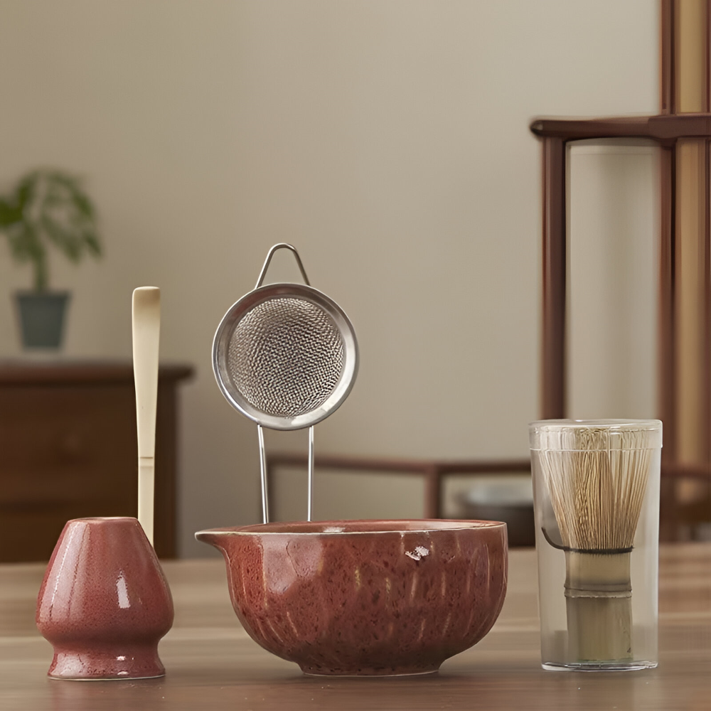 Autentiskt Japanskt Te Set för Matcha – 5-delat Tillbehör med Handgjord Keramikskål, Sil & Bambuske