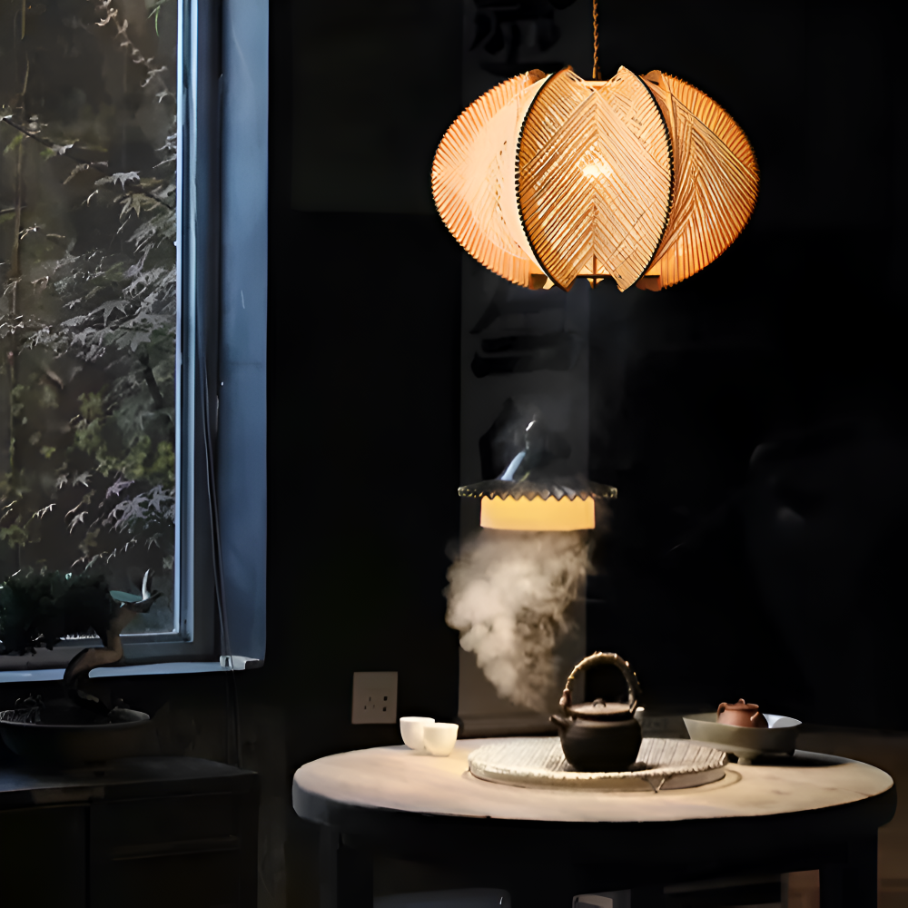Kirei Pendellampa - Geometrisk Hänglampa av Hampasnöre och Trä - Wabi Sabi Belysning