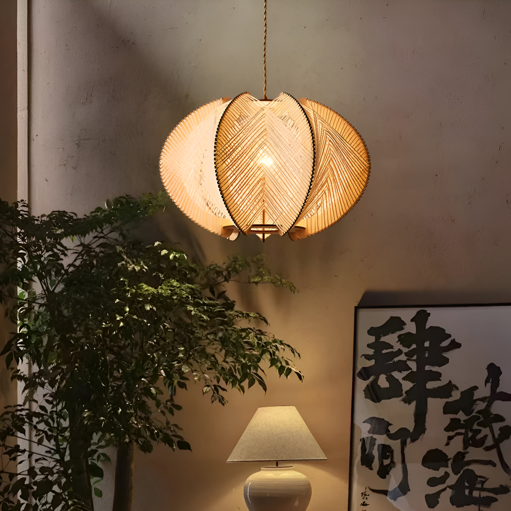 Kirei Pendellampa - Geometrisk Hänglampa av Hampasnöre och Trä - Wabi Sabi Belysning