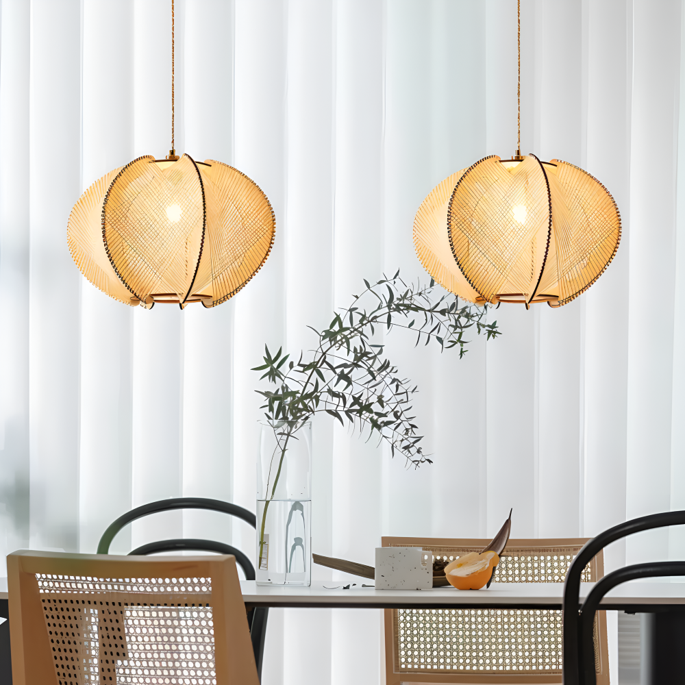 Kirei Pendellampa - Geometrisk Hänglampa av Hampasnöre och Trä - Wabi Sabi Belysning