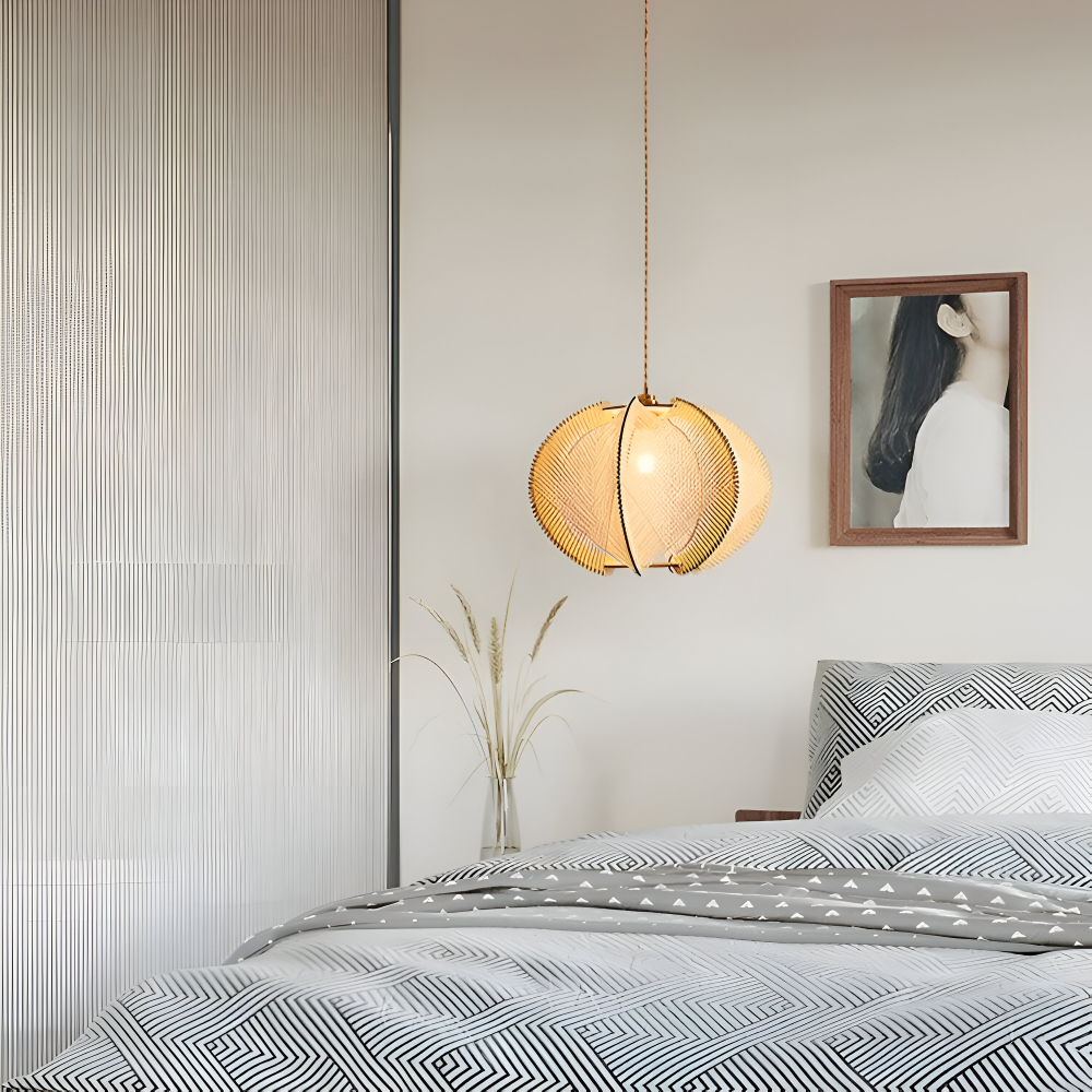 Kirei Pendellampa - Geometrisk Hänglampa av Hampasnöre och Trä - Wabi Sabi Belysning