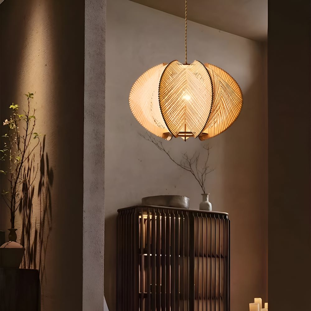 Kirei Pendellampa - Geometrisk Hänglampa av Hampasnöre och Trä - Wabi Sabi Belysning