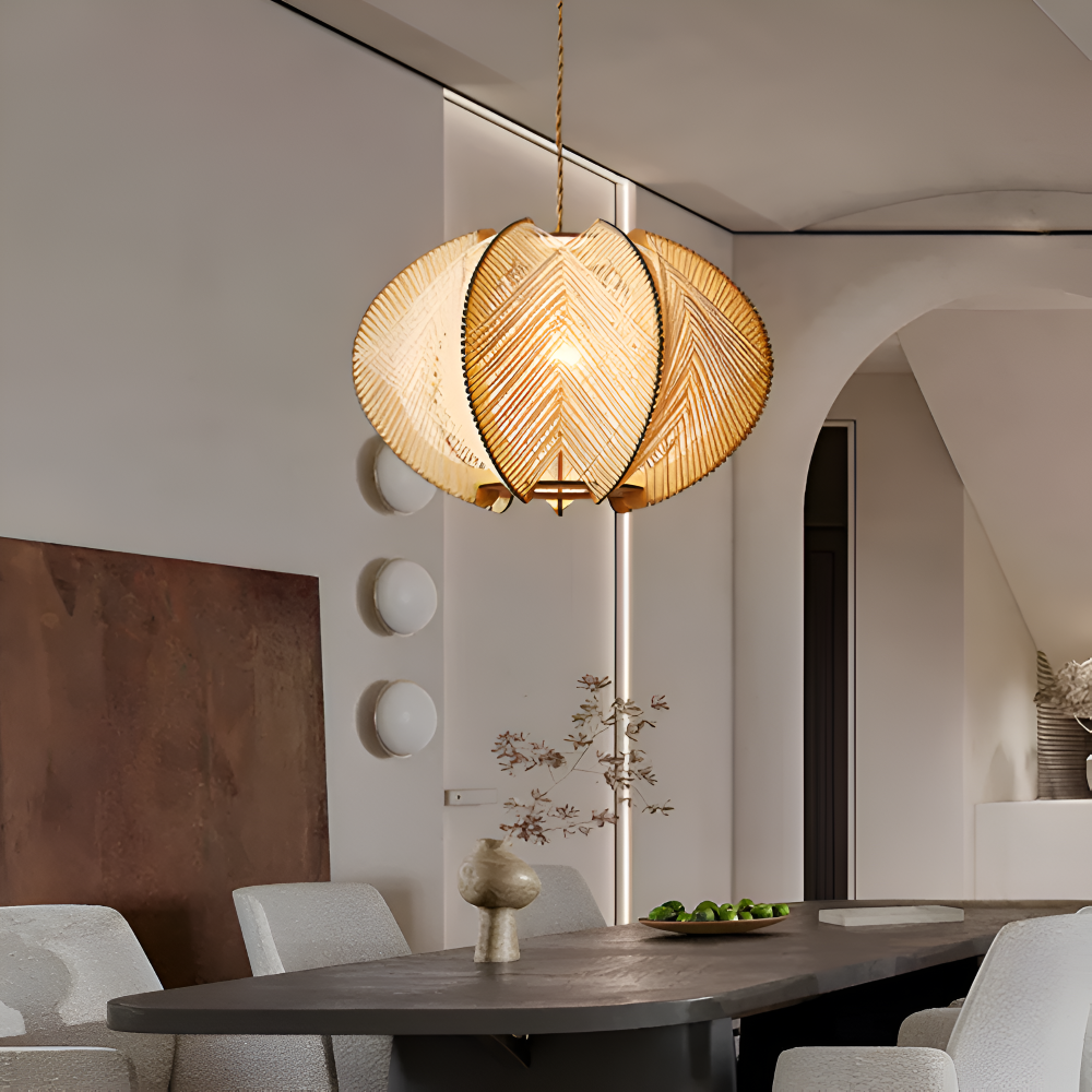Kirei Pendellampa - Geometrisk Hänglampa av Hampasnöre och Trä - Wabi Sabi Belysning