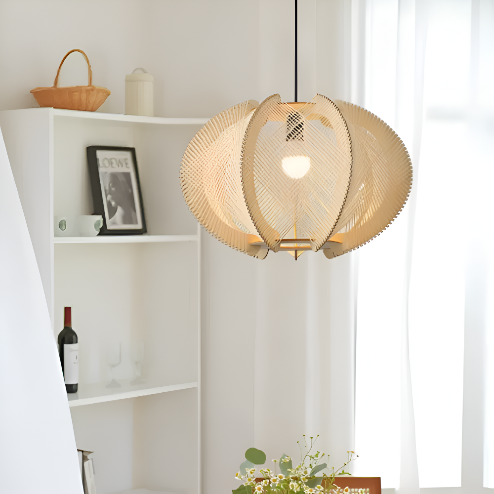 Kirei Pendellampa - Geometrisk Hänglampa av Hampasnöre och Trä - Wabi Sabi Belysning