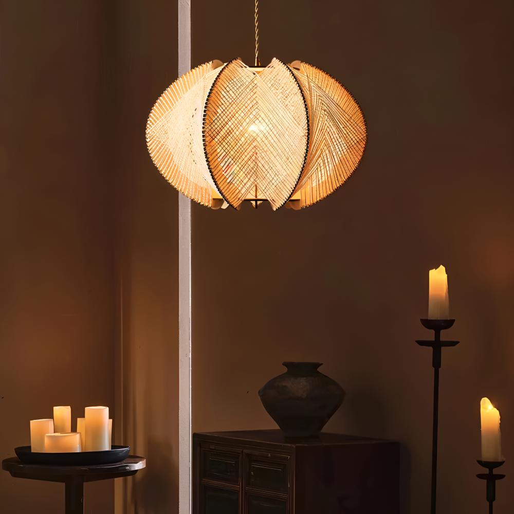 Kirei Pendellampa - Geometrisk Hänglampa av Hampasnöre och Trä - Wabi Sabi Belysning