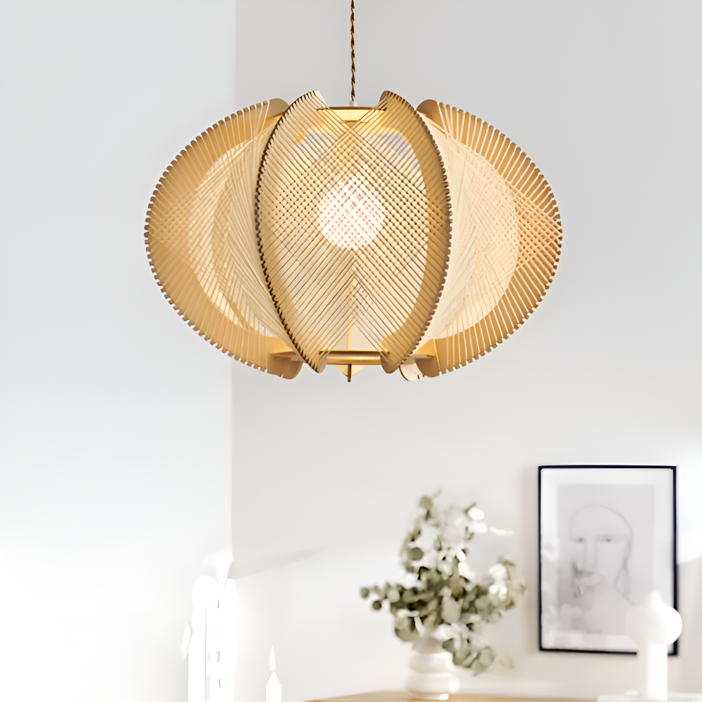 Kirei Pendellampa - Geometrisk Hänglampa av Hampasnöre och Trä - Wabi Sabi Belysning