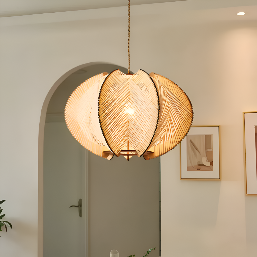 Kirei Pendellampa - Geometrisk Hänglampa av Hampasnöre och Trä - Wabi Sabi Belysning