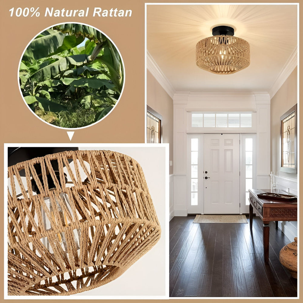 LustreBoho Taklampa - Handgjord Rattan Taklampa - Rattan Flush Mount Lampa