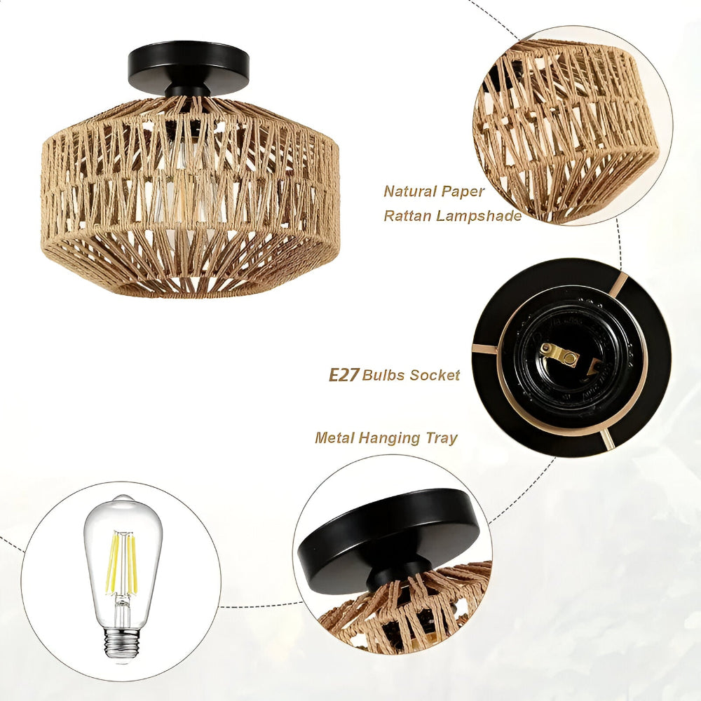 LustreBoho Taklampa - Handgjord Rattan Taklampa - Rattan Flush Mount Lampa