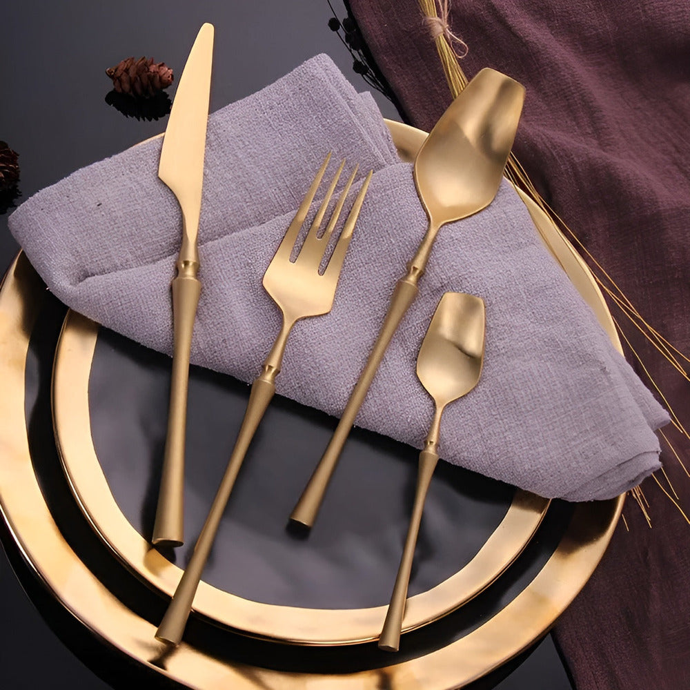 Venetian LuxeFeast - Bestickset - Svart Bestickset - 4/16-Delars Bestickset - Gyllene Bestick