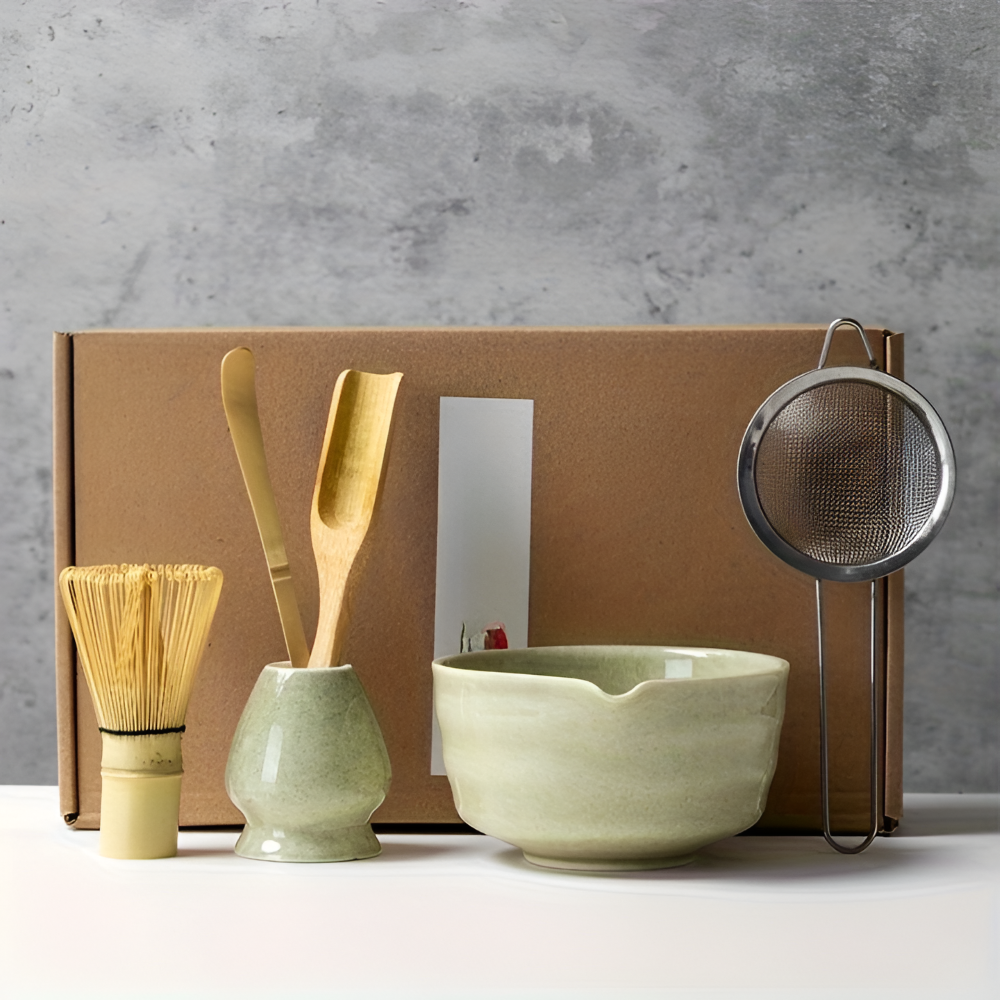 4/5/6-delars Matcha Set – Keramik & Bambus Te-Zubehör inklusive Visp & Hållare