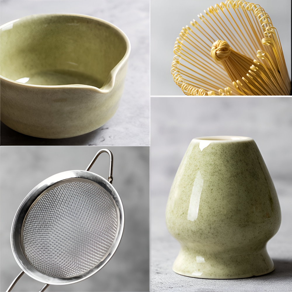 4/5/6-delars Matcha Set – Keramik & Bambus Te-Zubehör inklusive Visp & Hållare