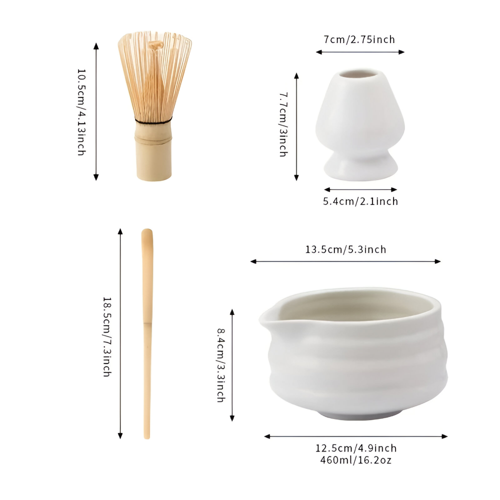Matcha Te Set Vit 5-delat - Keramikskål 460ml, Bambusvisp (Chasen), Hållare & Sikt - Japansk Design