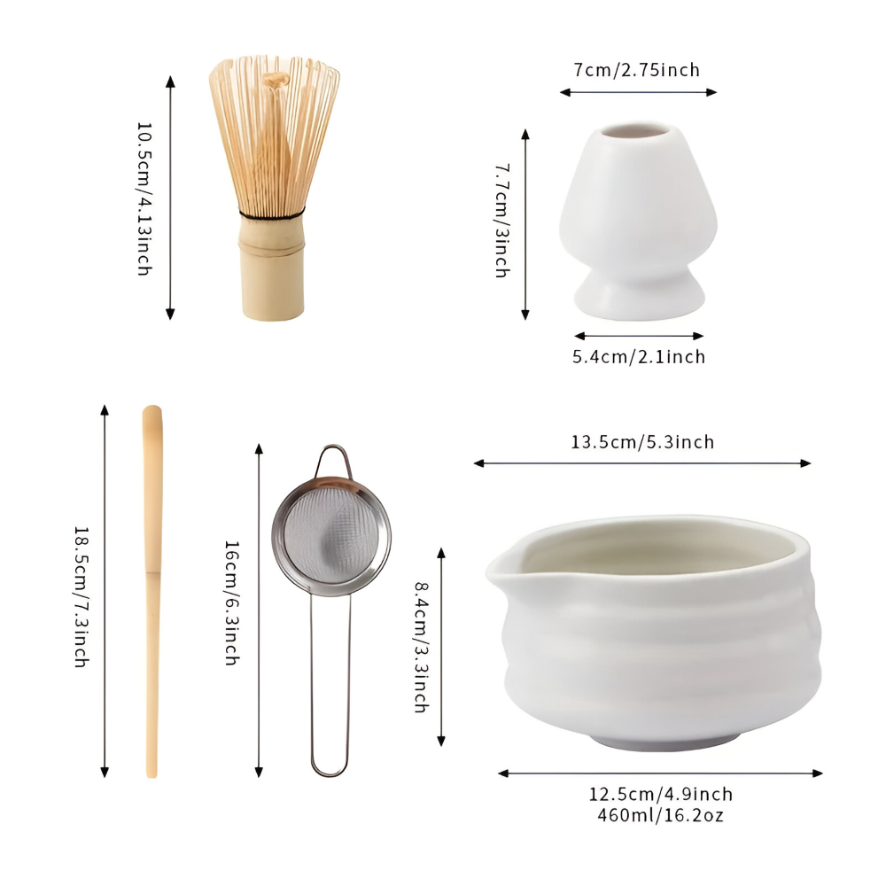 Matcha Te Set Vit 5-delat - Keramikskål 460ml, Bambusvisp (Chasen), Hållare & Sikt - Japansk Design