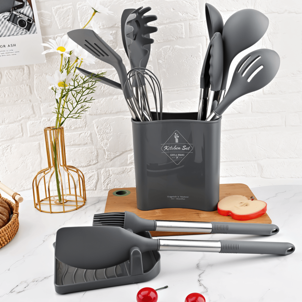 Modernt 12-delat Köksredskapsset i Silikon - Värmebeständiga Handtag i Rostfritt Stål i Elegant Svart för Stilfull Matlagning 4